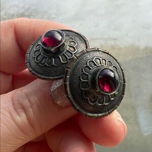 Tabra Etruscan Bronze Shield Garnet Cabochon Mixed Metal 14k Gold Post Earrings